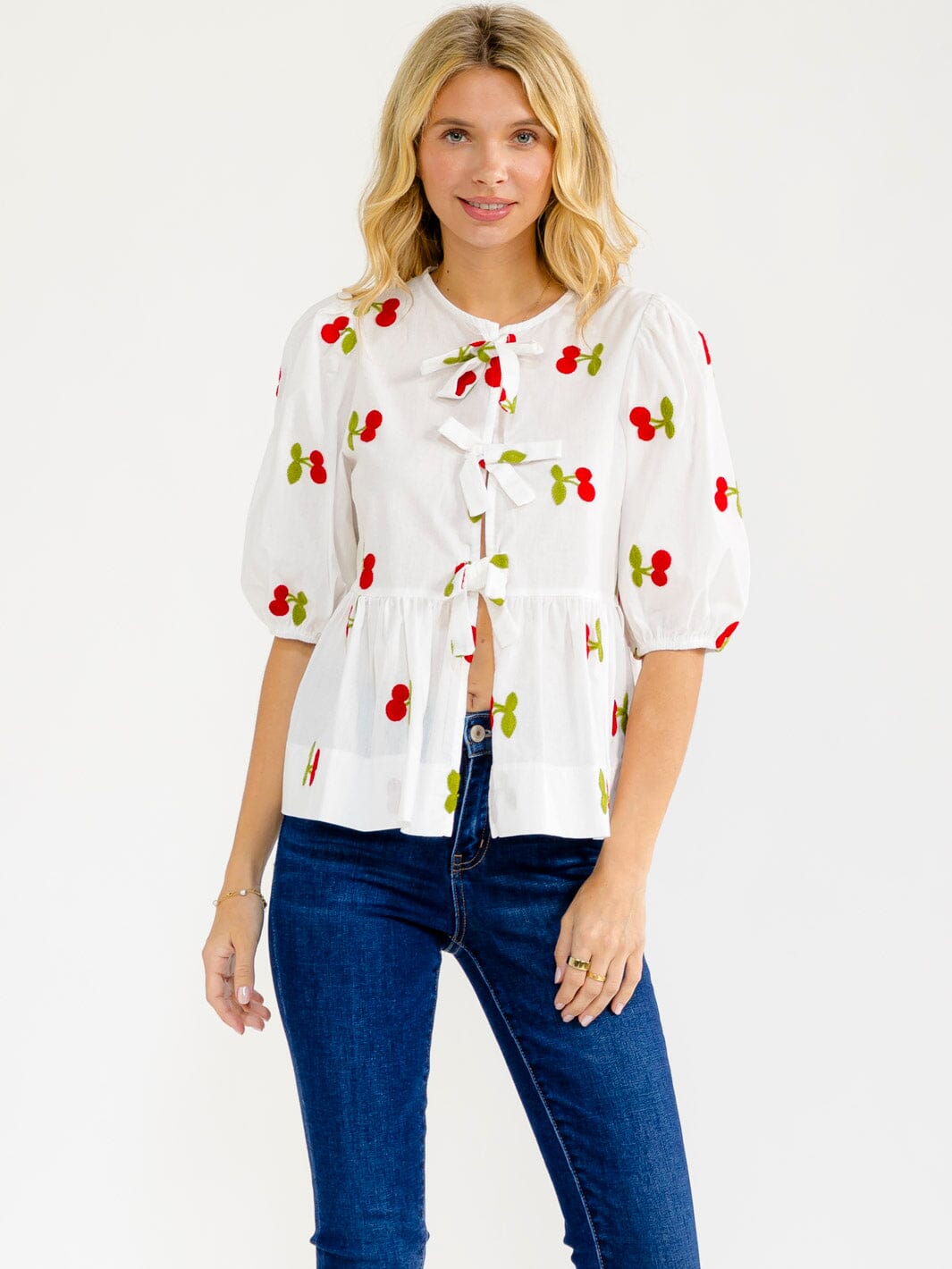 WOMEN'S SHORT SLEEVE FRONT TIE CHERRY EMBROIDERY LOOSE FIT BLOUSE