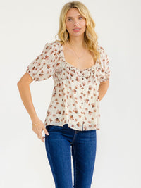 WOMEN'S SHORT SLEEVE BUTTON CLOSURE FLORAL BLOUSE
