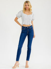 WOMEN'S SHORT PUFF SLEEVE OPEN BACK FLORAL CROP TOP