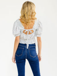 WOMEN'S SHORT PUFF SLEEVE OPEN BACK FLORAL CROP TOP