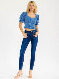 WOMEN'S SHORT PUFF SLEEVE OPEN BACK FLORAL CROP TOP