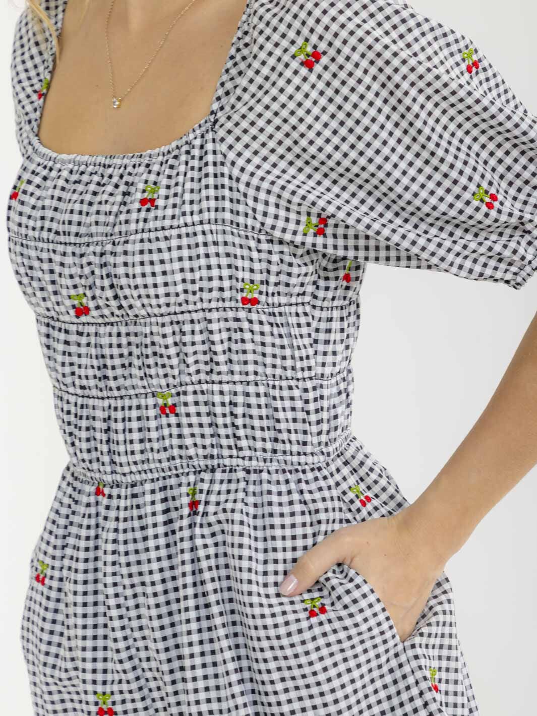 WOMEN'S SHORT SLEEVE ELASTIC WAIST FRONT POCKETS PLAID CHERRY ROMPER