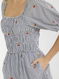 WOMEN'S SHORT SLEEVE ELASTIC WAIST FRONT POCKETS PLAID CHERRY ROMPER
