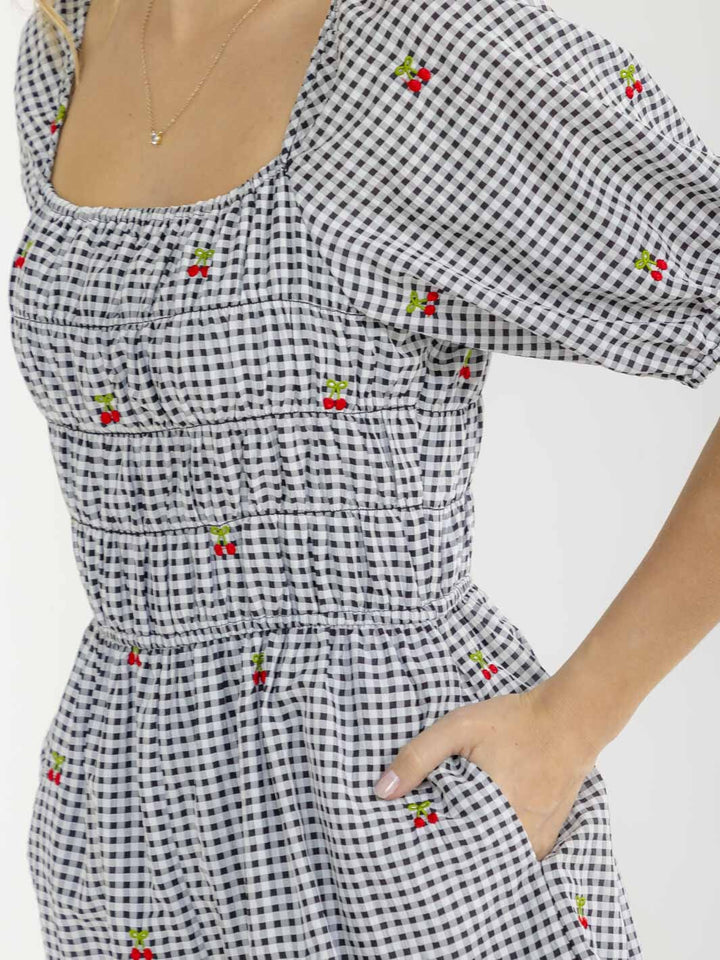 WOMEN'S SHORT SLEEVE ELASTIC WAIST FRONT POCKETS PLAID CHERRY ROMPER