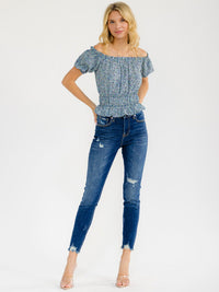 WOMEN'S SHORT SLEEVE OFF SHOULDER ELASTIC WAIST FLORAL TOP