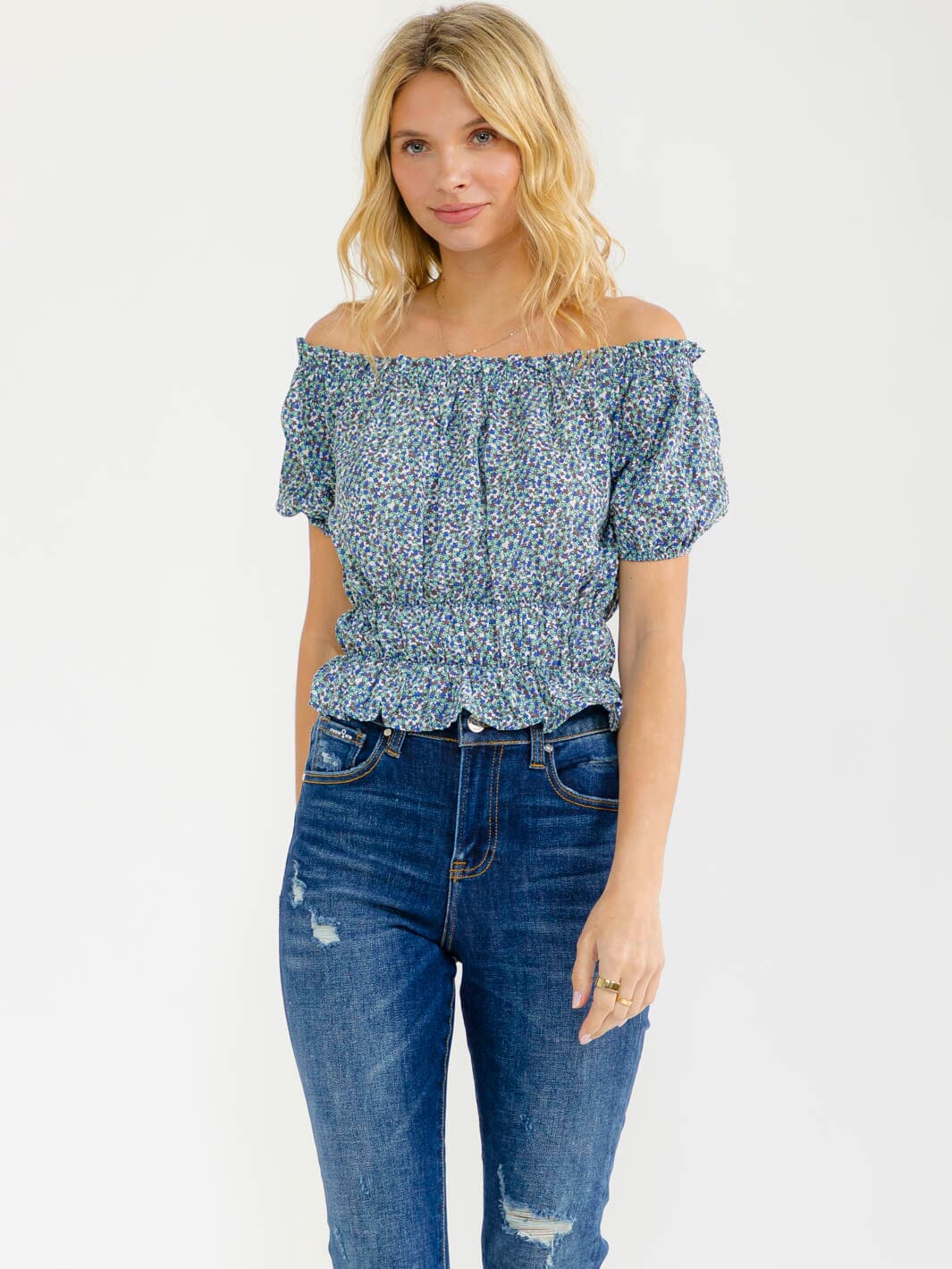 WOMEN'S SHORT SLEEVE OFF SHOULDER ELASTIC WAIST FLORAL TOP
