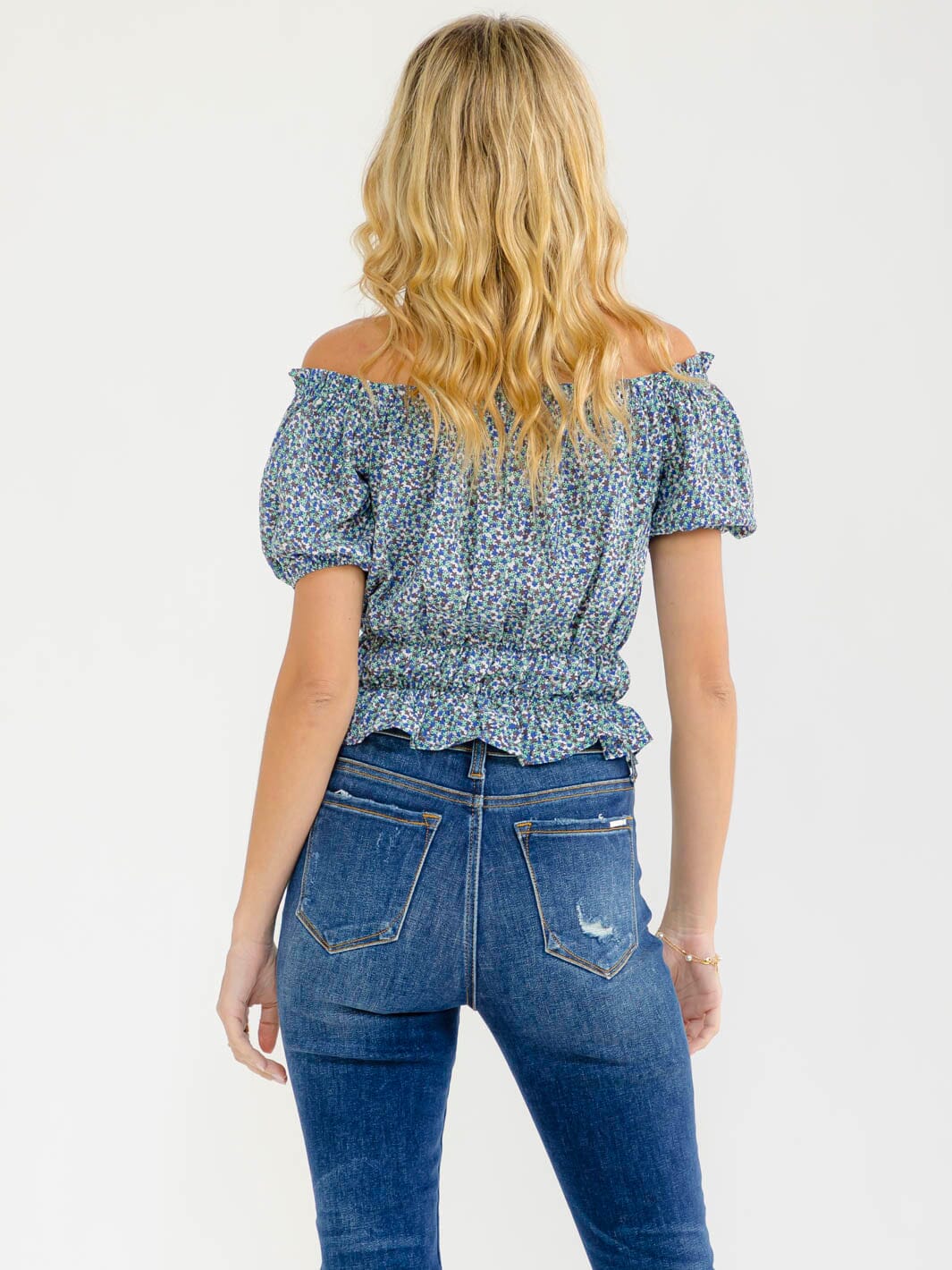 WOMEN'S SHORT SLEEVE OFF SHOULDER ELASTIC WAIST FLORAL TOP