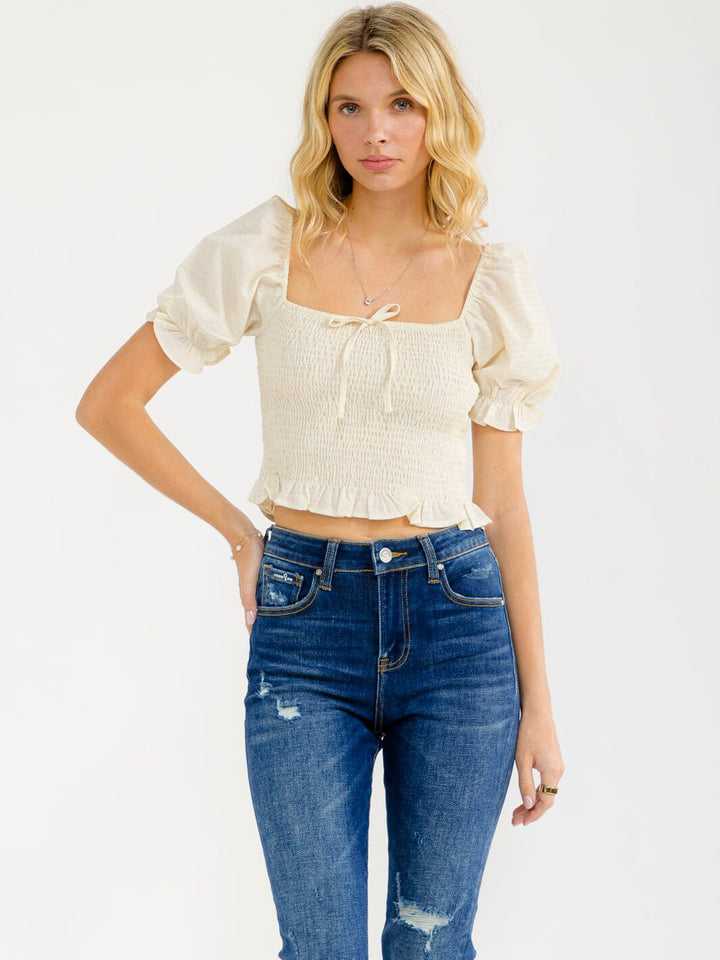 WOMEN'S SHORT PUFF SLEEVE SQUARE NECK SMOCK TOP