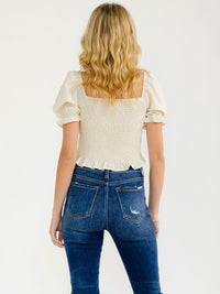 WOMEN'S SHORT PUFF SLEEVE SQUARE NECK SMOCK TOP