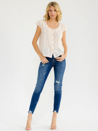 WOMEN'S SHORT SLEEVE BUTTON CLOSURE EYELET BLOUSE