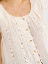 WOMEN'S SHORT SLEEVE BUTTON CLOSURE EYELET BLOUSE