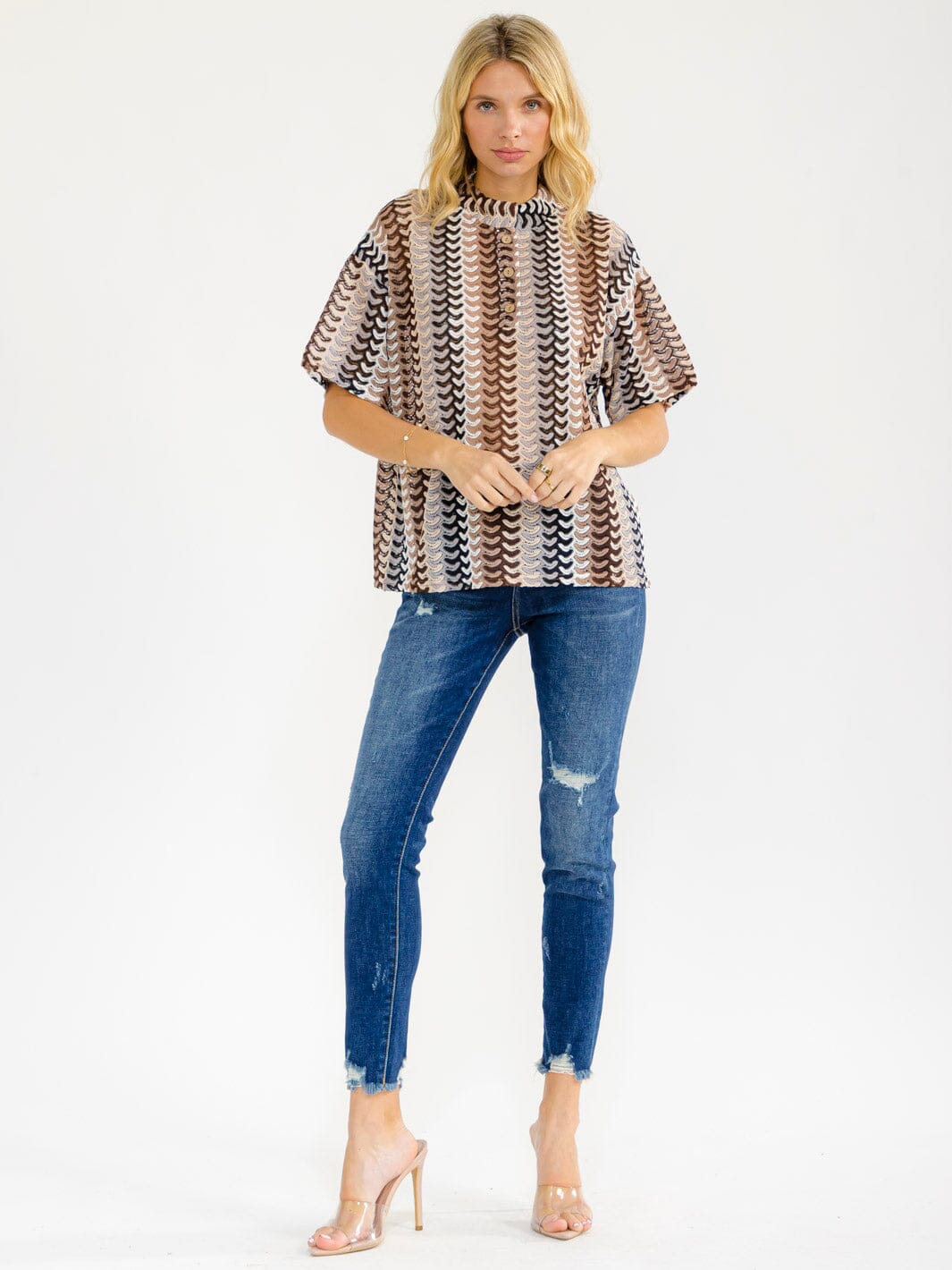 WOMEN'S SHORT SLEEVE BUTTON CLOSURE MULTI CROCHET BLOUSE