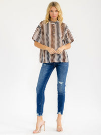 WOMEN'S SHORT SLEEVE BUTTON CLOSURE MULTI CROCHET BLOUSE