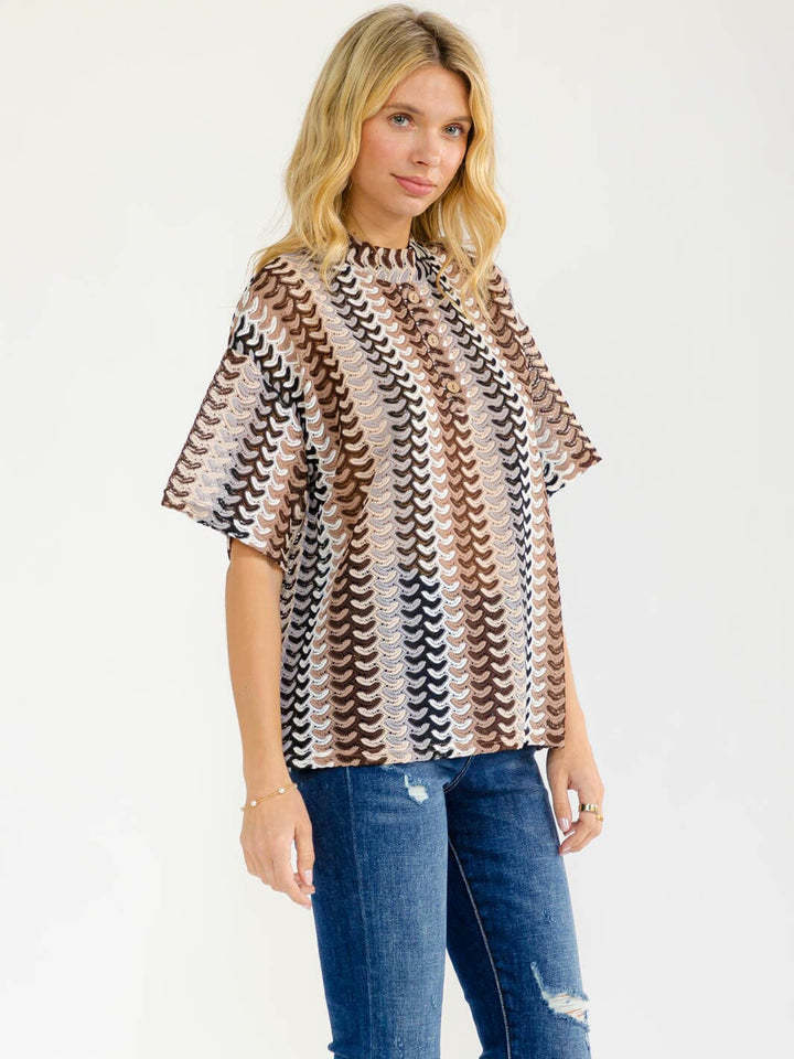 WOMEN'S SHORT SLEEVE BUTTON CLOSURE MULTI CROCHET BLOUSE