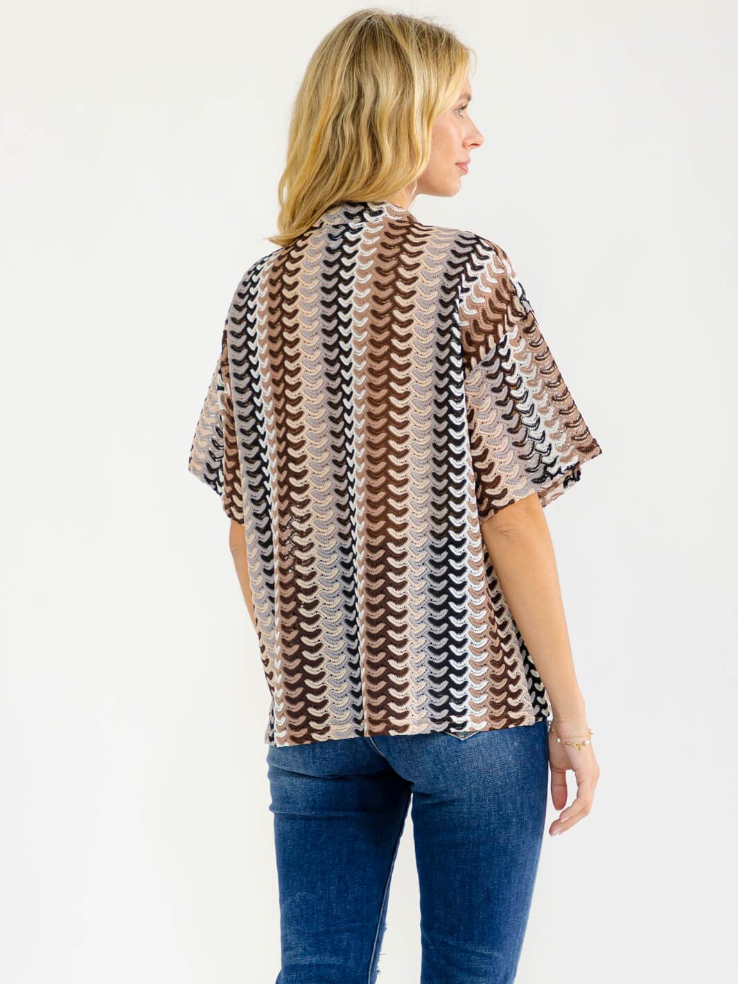 WOMEN'S SHORT SLEEVE BUTTON CLOSURE MULTI CROCHET BLOUSE