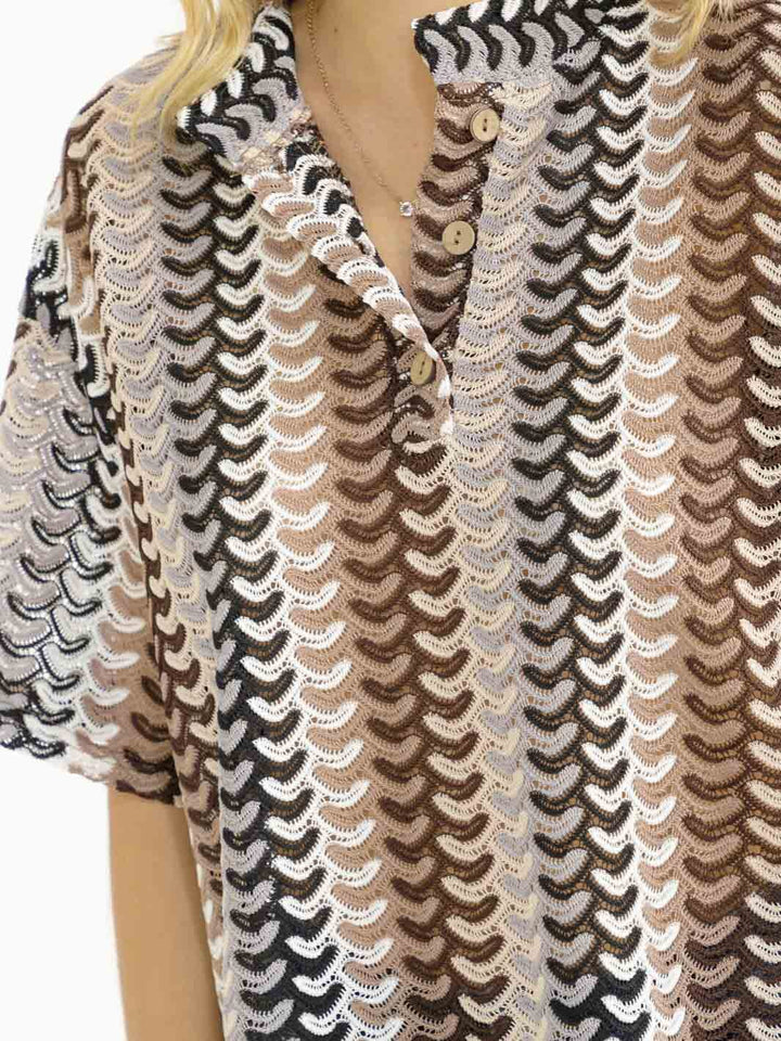WOMEN'S SHORT SLEEVE BUTTON CLOSURE MULTI CROCHET BLOUSE