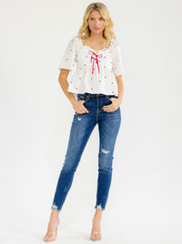 WOMEN'S SHORT SLEEVE SMOCK CHERRY EMBROIDERY LOOSE FIT BLOUSE