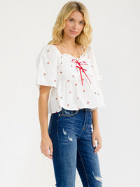 WOMEN'S SHORT SLEEVE SMOCK CHERRY EMBROIDERY LOOSE FIT BLOUSE