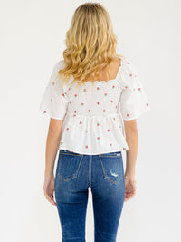 WOMEN'S SHORT SLEEVE SMOCK CHERRY EMBROIDERY LOOSE FIT BLOUSE