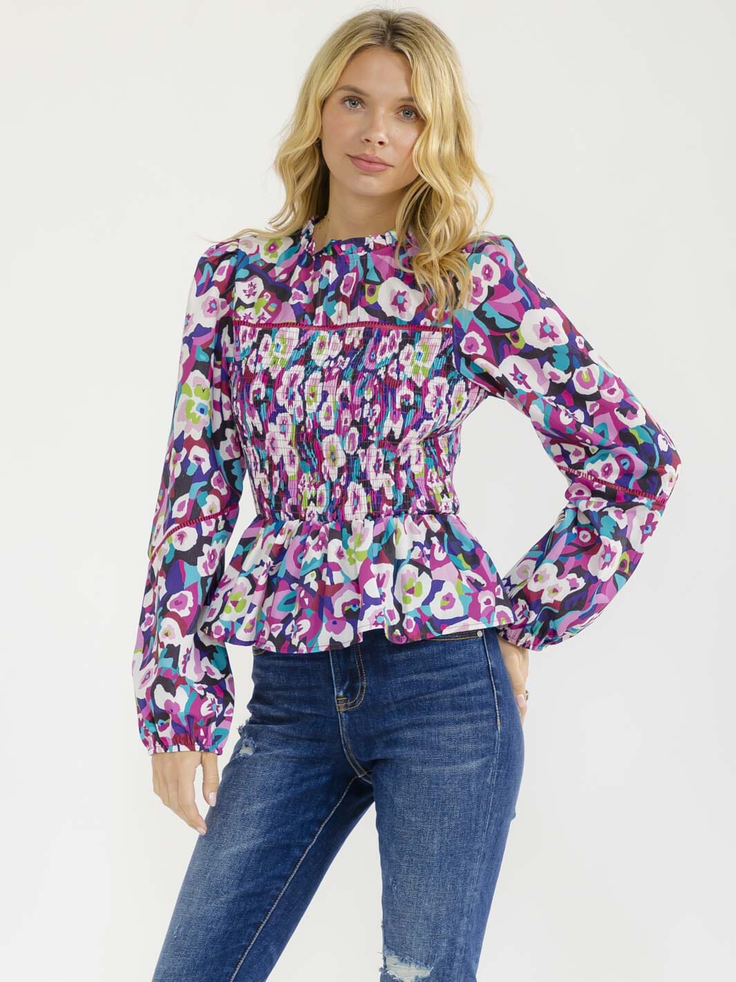 WOMEN'S LONG SLEEVE SMOCK FLORAL BLOUSE