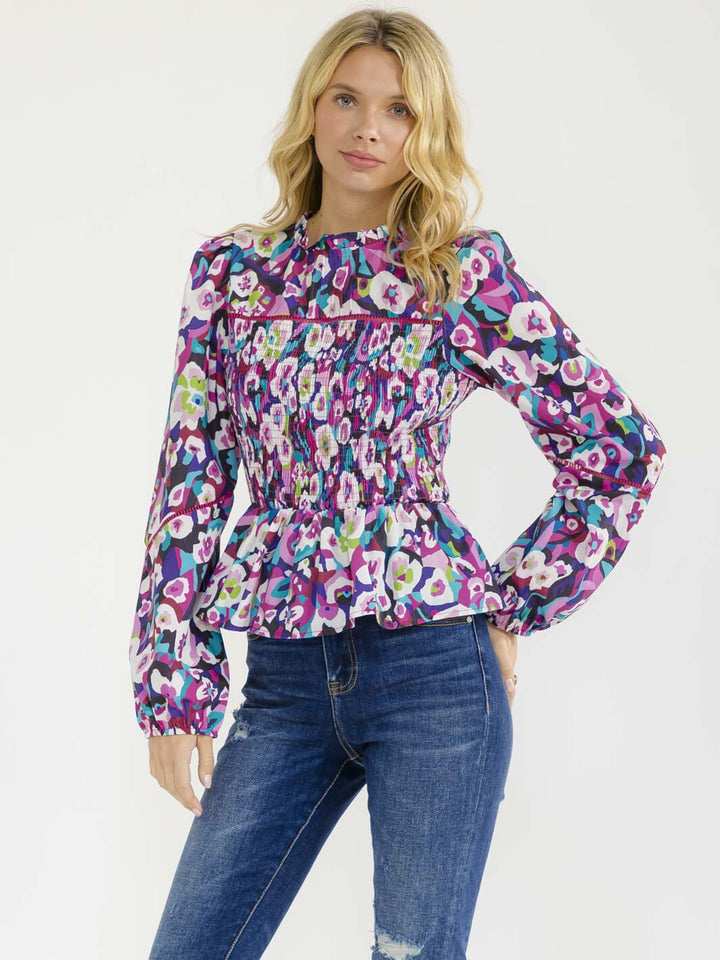 WOMEN'S LONG SLEEVE SMOCK FLORAL BLOUSE