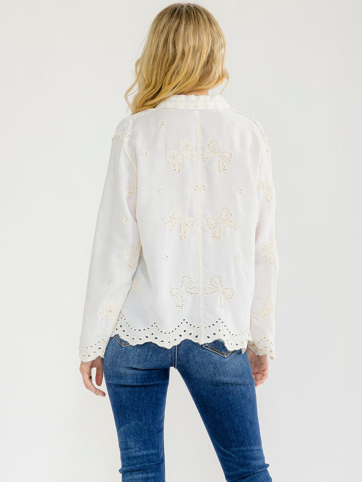 WOMEN'S LONG SLEEVE BUTTON UP BOWS EMBROIDERY BLOUSE
