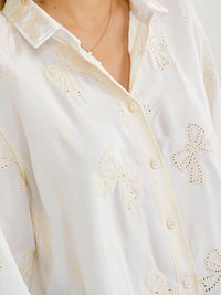 WOMEN'S LONG SLEEVE BUTTON UP BOWS EMBROIDERY BLOUSE
