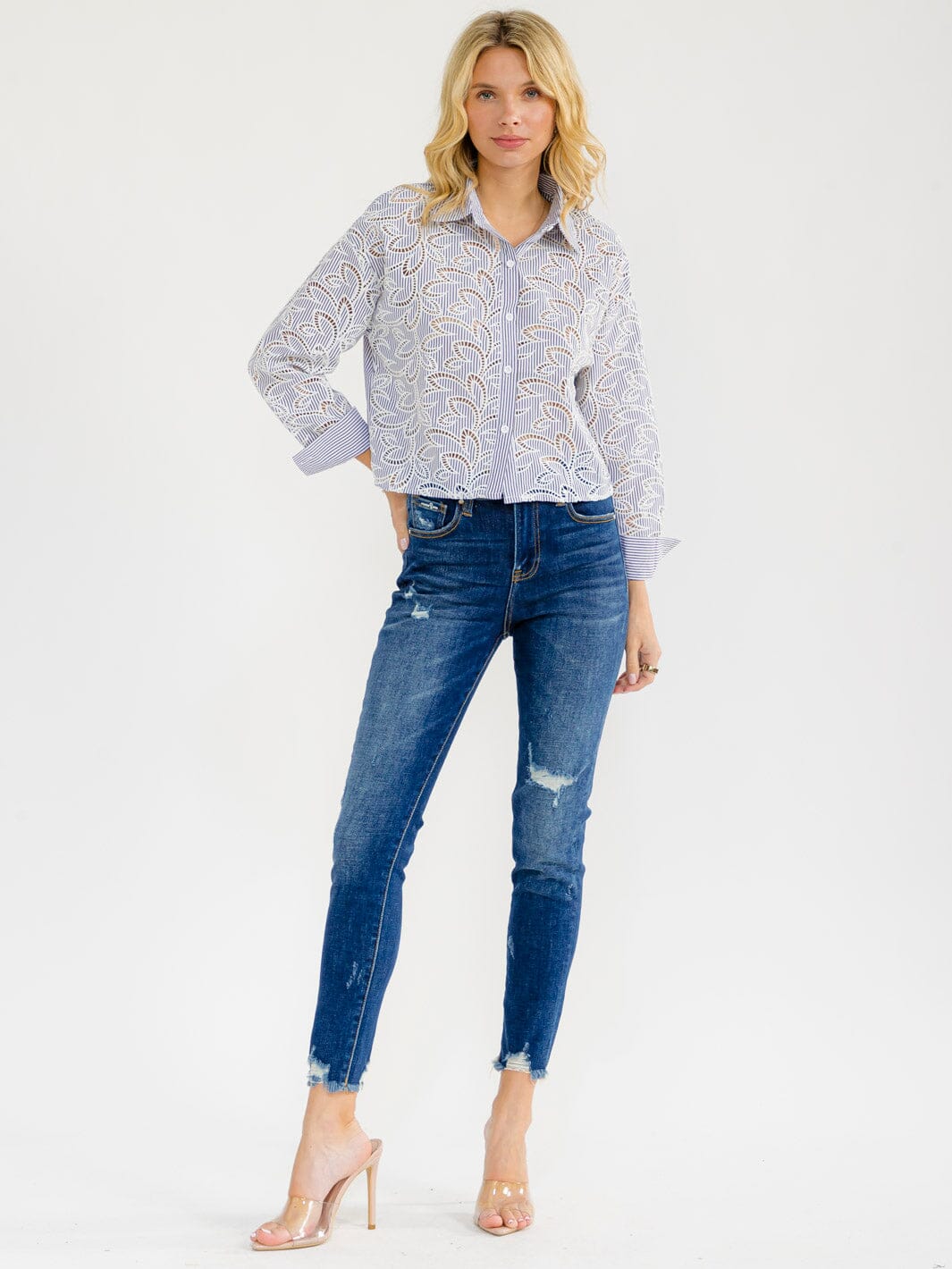 WOMEN'S LONG SLEEVE BUTTON UP STRIPES BLOUSE