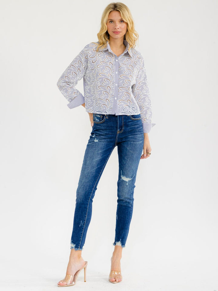 WOMEN'S LONG SLEEVE BUTTON UP STRIPES BLOUSE