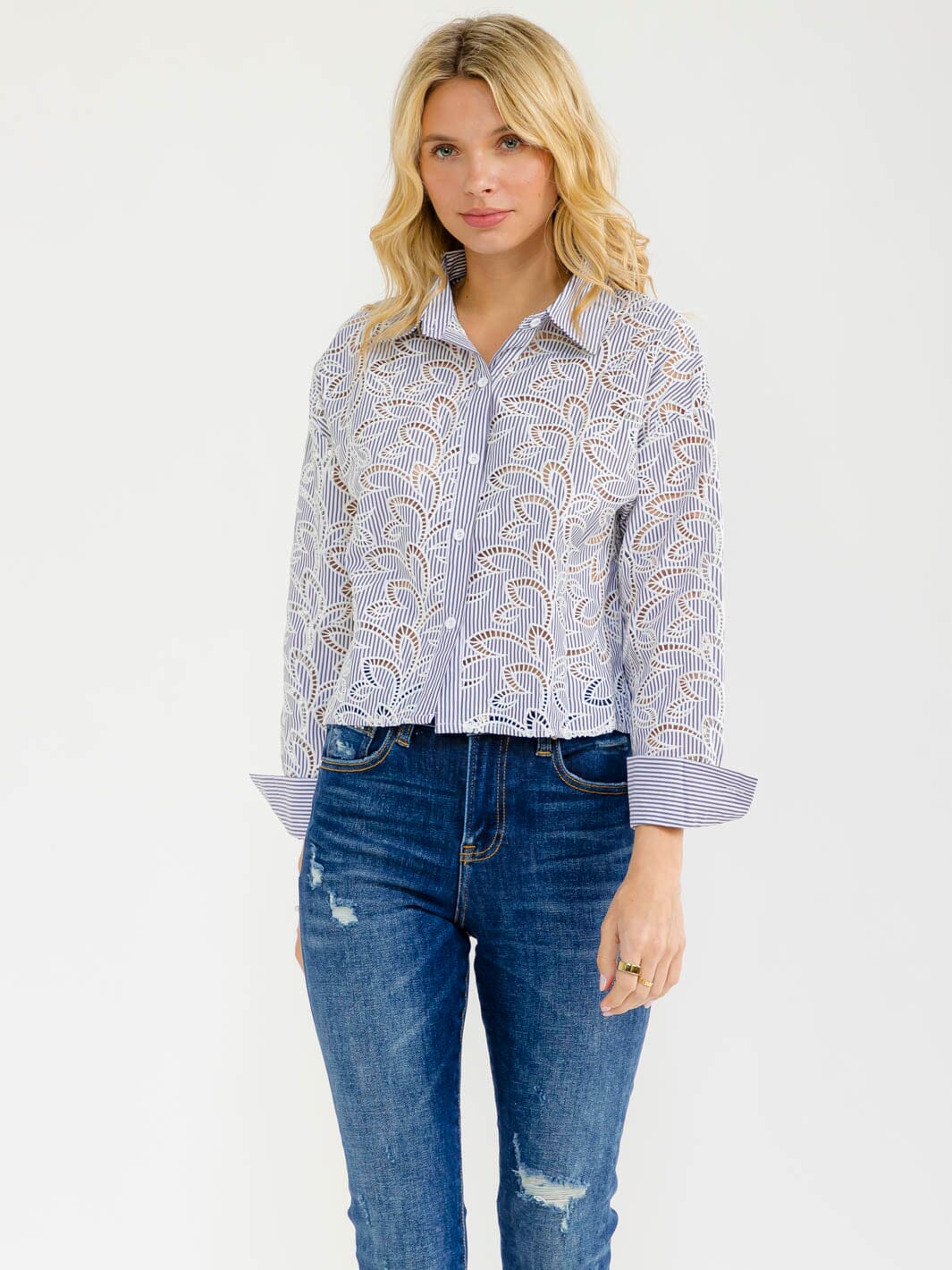 WOMEN'S LONG SLEEVE BUTTON UP STRIPES BLOUSE