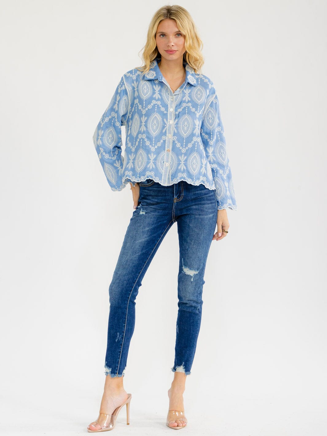 WOMEN'S LONG SLEEVE BUTTON UP EMBROIDERY BLOUSE