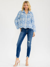 WOMEN'S LONG SLEEVE BUTTON UP EMBROIDERY BLOUSE