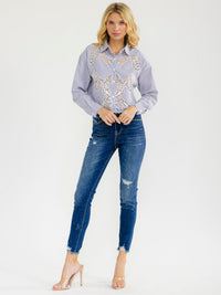WOMEN'S LONG SLEEVE BUTTON UP STRIPES BLOUSE