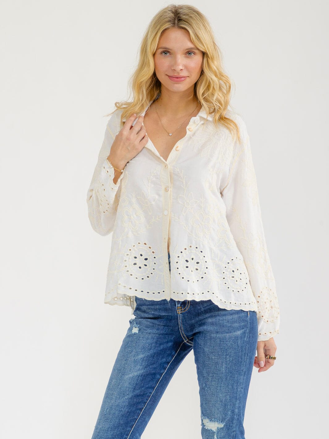 WOMEN'S LONG SLEEVE BUTTON UP EMBROIDERY BLOUSE