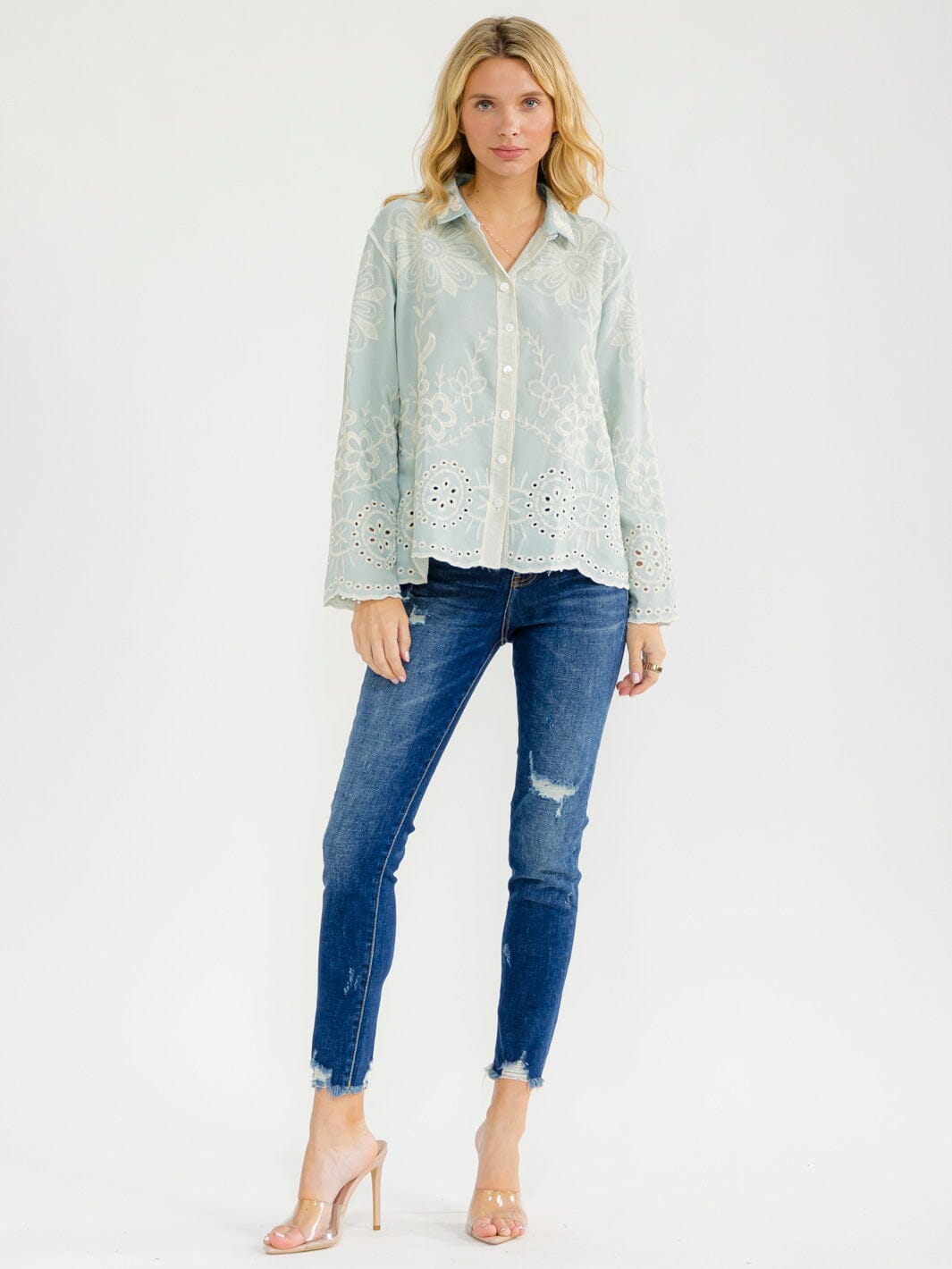 WOMEN'S LONG SLEEVE BUTTON UP EMBROIDERY BLOUSE
