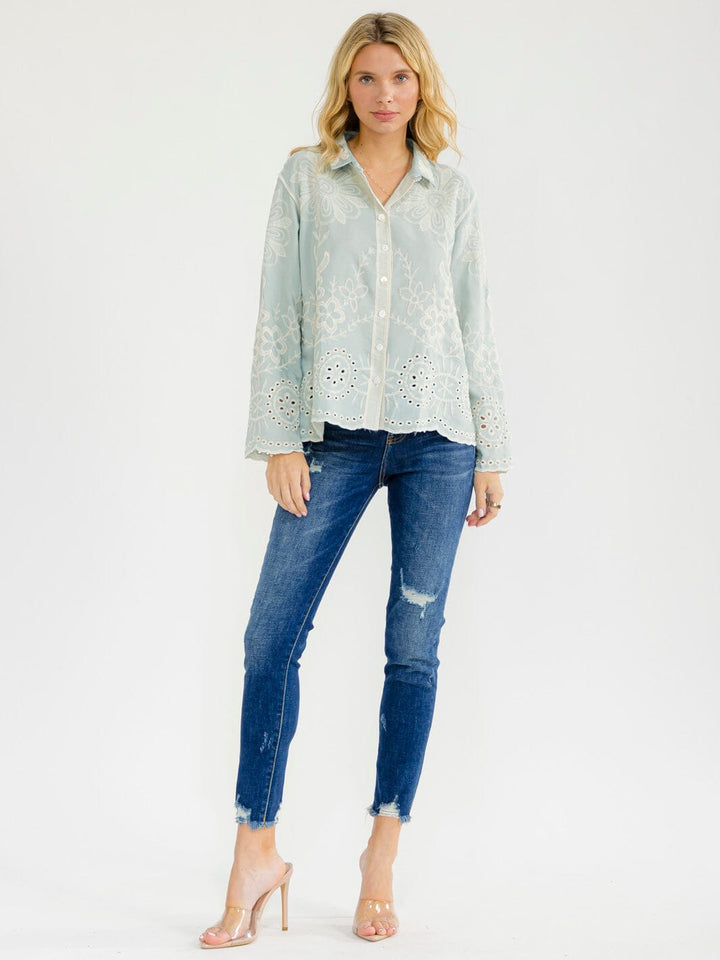 WOMEN'S LONG SLEEVE BUTTON UP EMBROIDERY BLOUSE