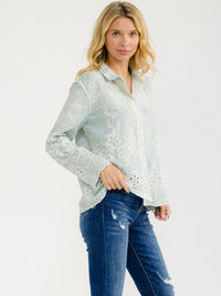 WOMEN'S LONG SLEEVE BUTTON UP EMBROIDERY BLOUSE