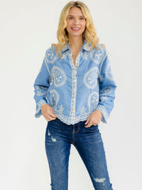 WOMEN'S LONG SLEEVE BUTTON UP EMBROIDERY BLOUSE