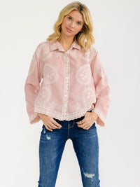 WOMEN'S LONG SLEEVE BUTTON UP EMBROIDERY BLOUSE