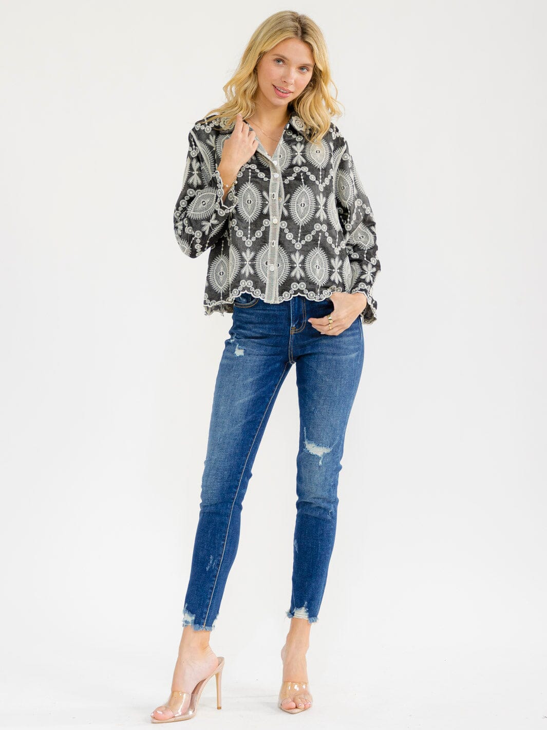 WOMEN'S LONG SLEEVE BUTTON UP EMBROIDERY BLOUSE