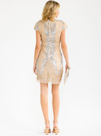 WOMEN'S SHORT SLEEVE V-NECK MESH SEQUINS BODYCON MINI DRESS