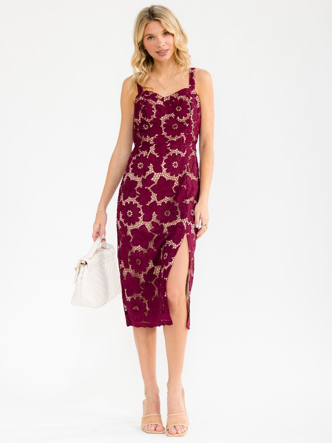 WOMEN'S SLEEVELESS FRONT SLIT CROCHET MIDI DRESS