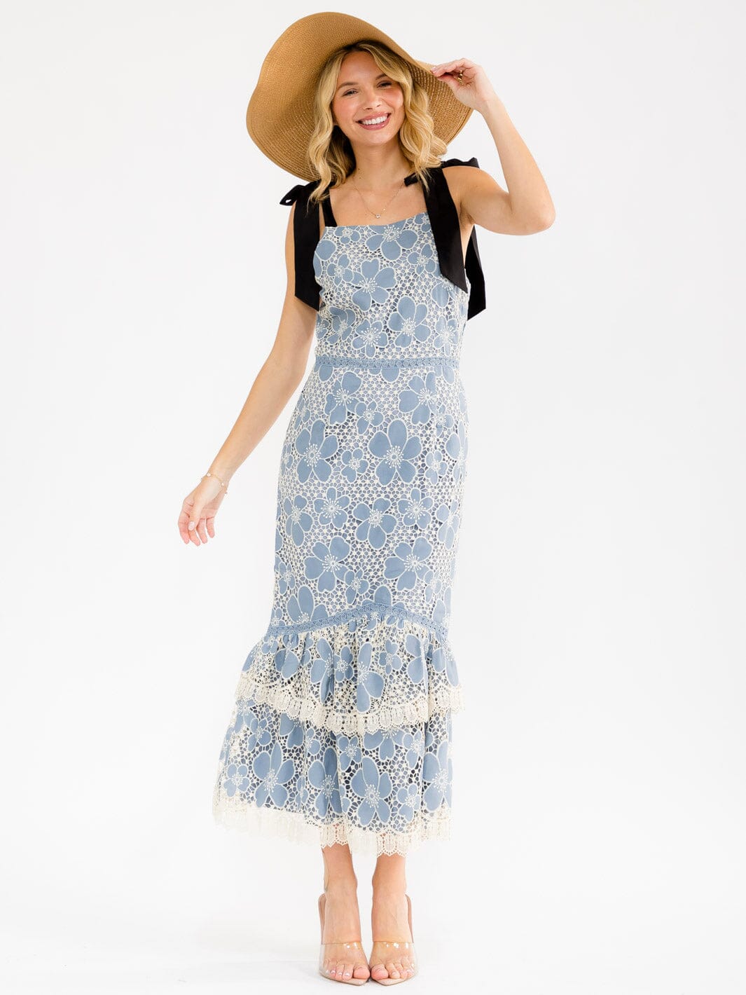 WOMEN'S SLEEVELES BODYCON CROCHET RUFFLE BOTTOM HEM MAXI DRESS
