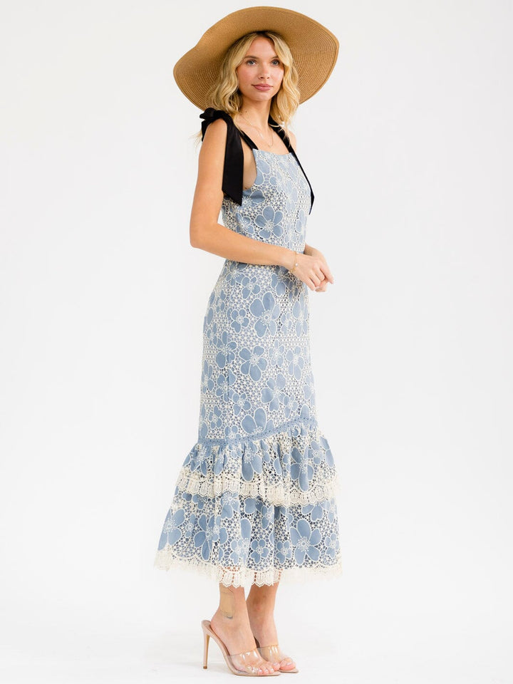 WOMEN'S SLEEVELES BODYCON CROCHET RUFFLE BOTTOM HEM MAXI DRESS