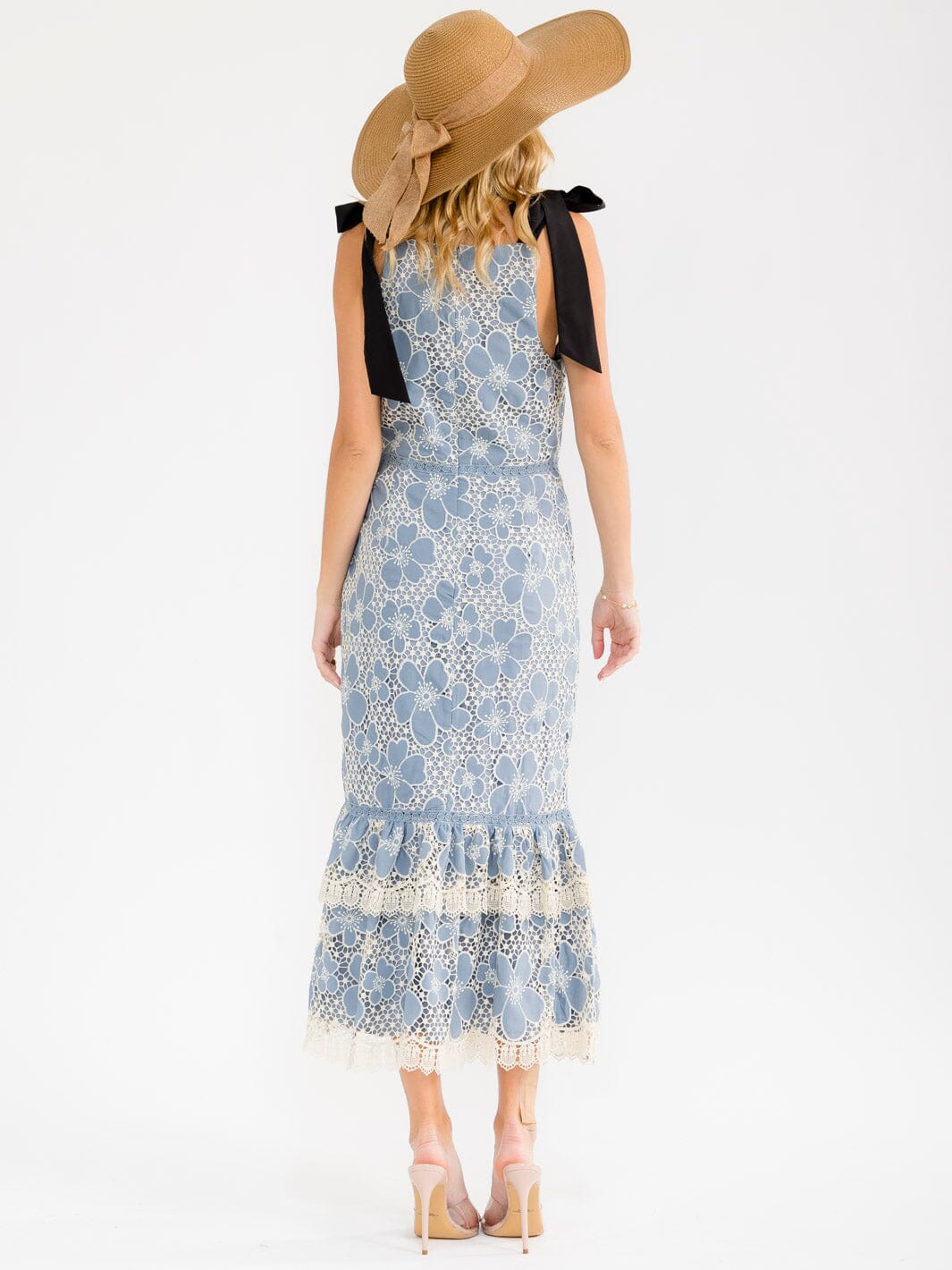 WOMEN'S SLEEVELES BODYCON CROCHET RUFFLE BOTTOM HEM MAXI DRESS