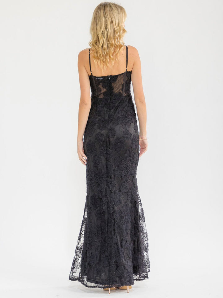 WOMEN'S SLEEVELESS V-NECK FLORAL MESH CONTRAST BODYCON MAXI DRESS