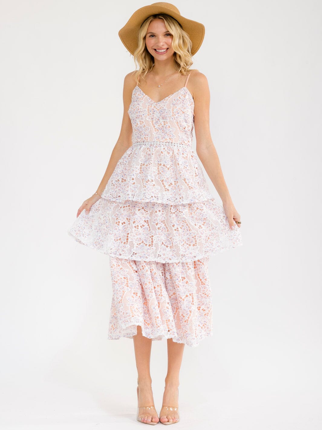 WOMEN'S SLEEVELESS V-NECK OPEN BACK CROCHET FLORAL MAXI DRESS