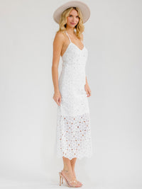 WOMEN'S SLEEVELESS HALTER NECK OPEN BACK CROCHET FLORAL BODYCON MAXI DRESS