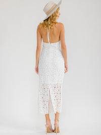 WOMEN'S SLEEVELESS HALTER NECK OPEN BACK CROCHET FLORAL BODYCON MAXI DRESS