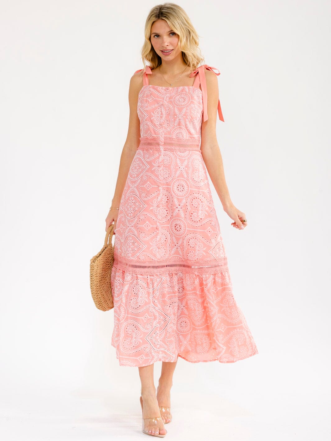 WOMEN'S SLEEVELESS FRONT POCKETS EMBROIDERY TIERED MAXI DRESS